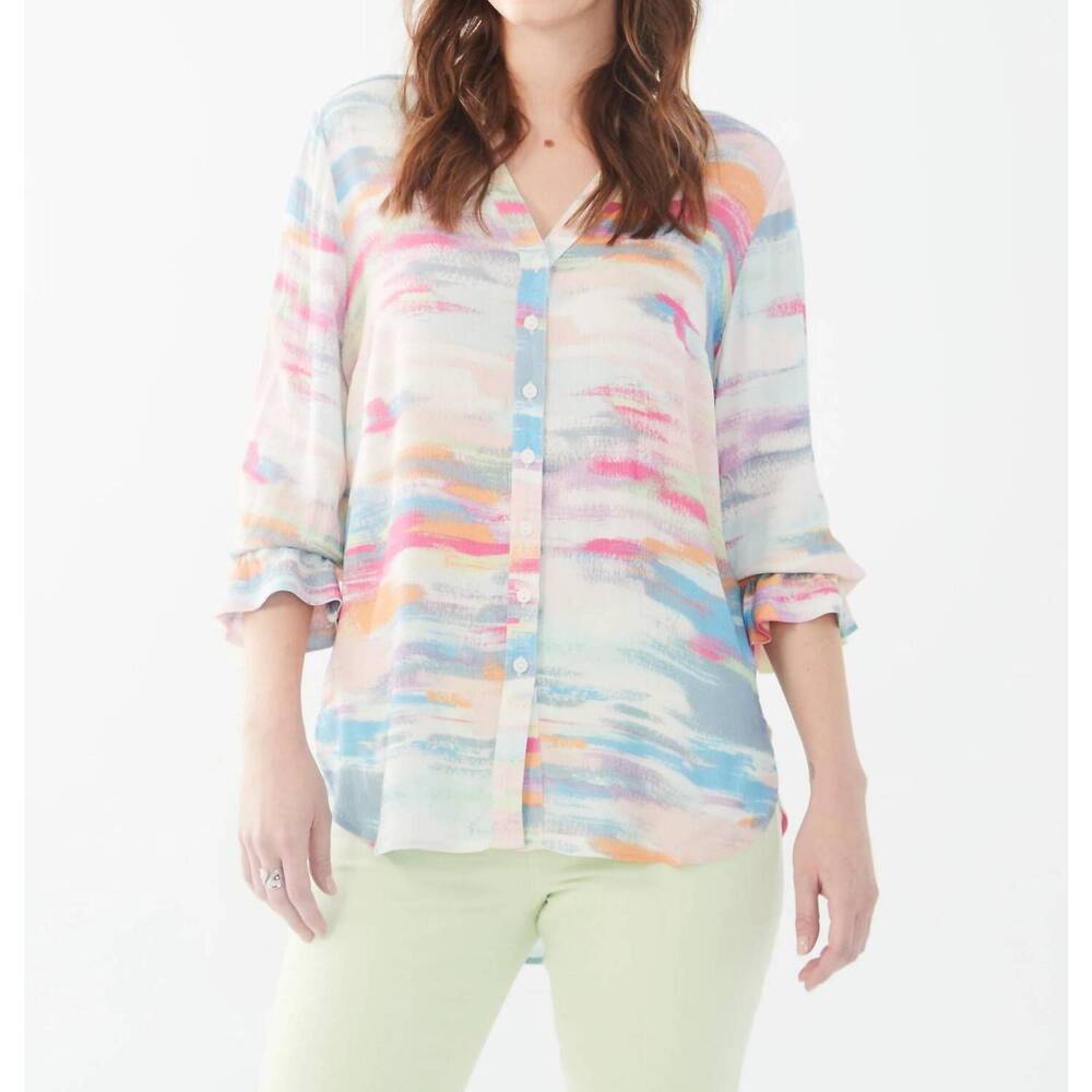 NEW FDJ starla slit detail three quarter sleeve crepe shirt in pink multi